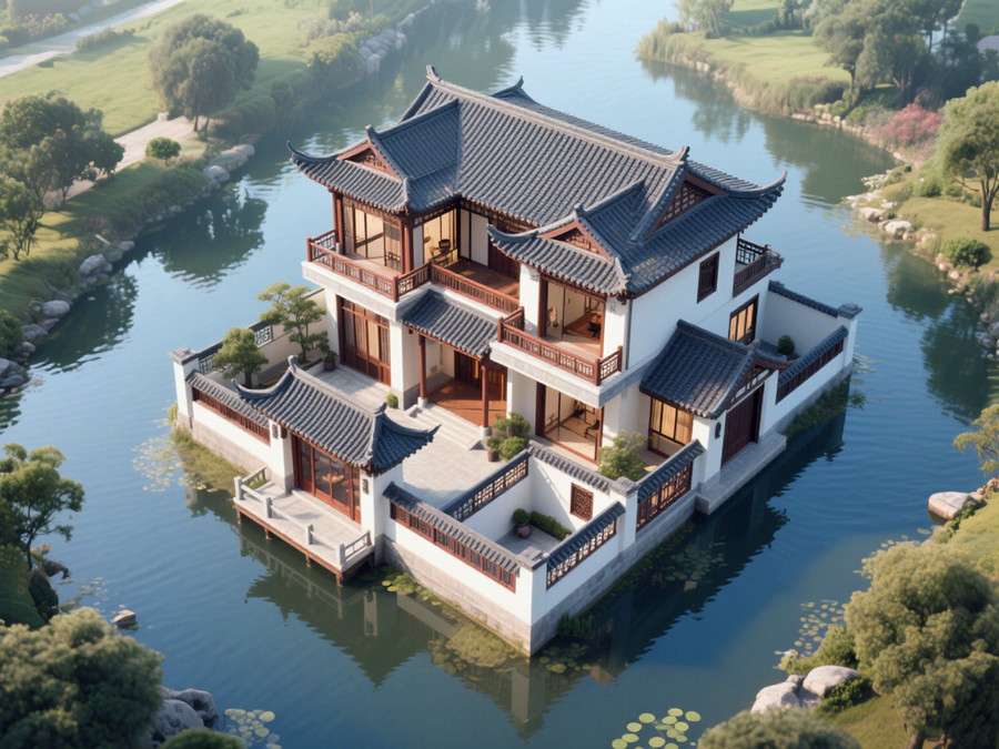 四周環(huán)水的一棟中式風格的輕鋼別墅 四周環(huán)水的一棟中式風格的輕鋼別墅